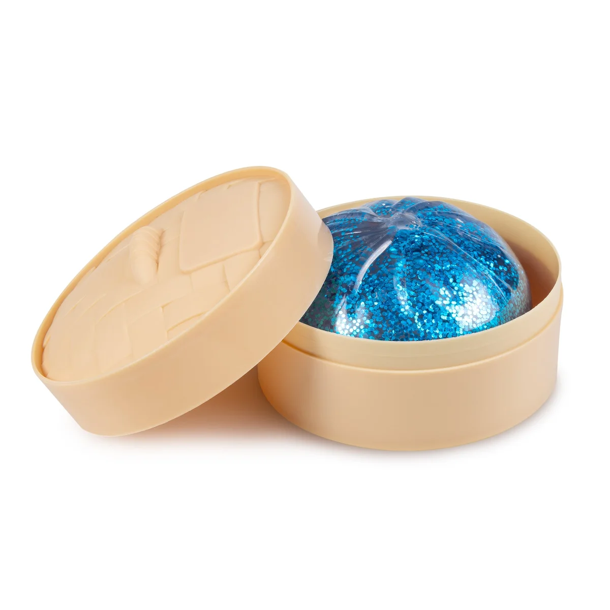 Supplier photograph: the blue glitter dumpling inside its steamer-basket box