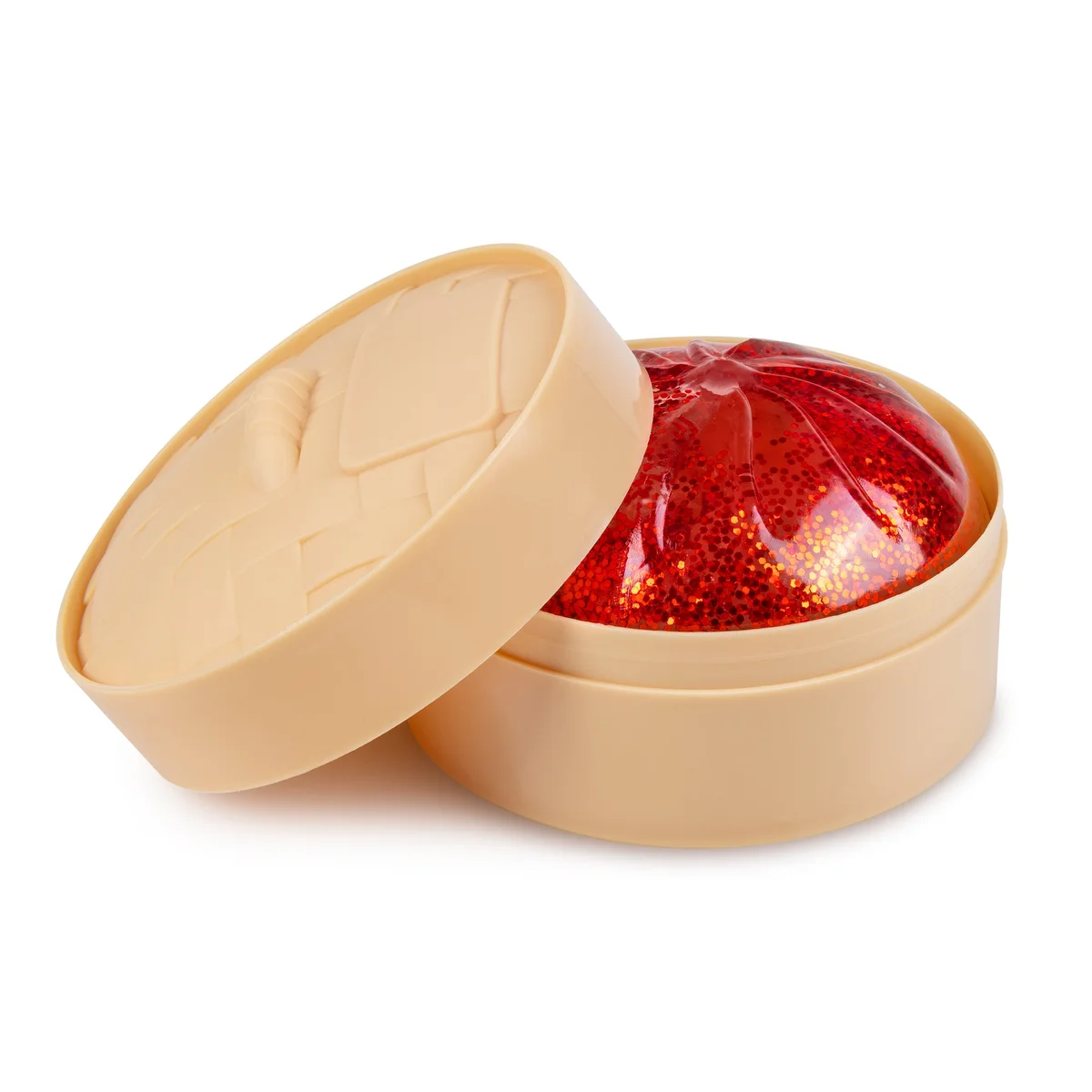 Supplier photograph: the red glitter dumpling inside its steamer-basket box